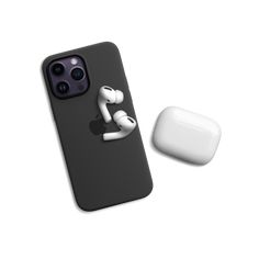 an iphone case with a sticker on the back and earbuds attached to it