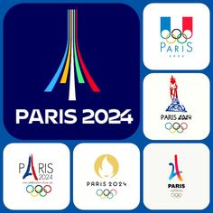 the paris olympics logo is shown in four different colors and sizes, including blue, white,