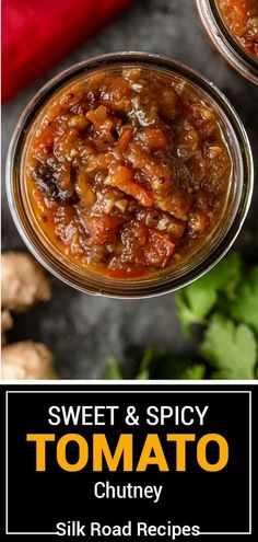 sweet and spicy tomato chutney with text overlay