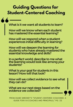 a green poster with the words guiding questions for student - centered coaching written in black