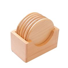 six wooden coasters in a holder on a white background