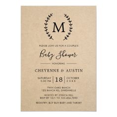 the rustic monogrammed wedding reception card is shown in black and white with an elegant wreath