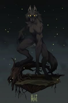 a wolf standing on top of a tree stump in the night with fireflies above it