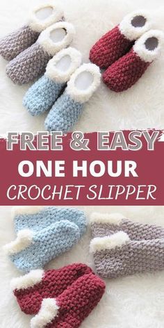 crochet slippers with text that reads free and easy one hour crochet slipper