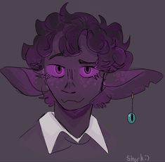 a drawing of a person with purple hair and an earring hanging from his ears