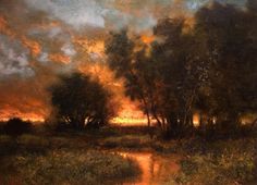 an oil painting of trees and water in the distance with orange clouds above it,