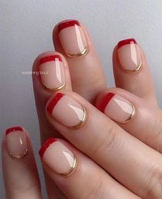 Red Tip Nails, Red French Tip Nails, Red French Tip, Sophisticated Manicure, Red And Gold Nails, Gold Nail Designs, Red French, Manicure Inspiration, Winter Nails Acrylic