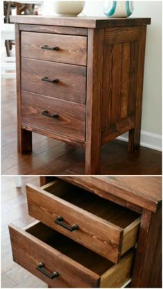 two different views of a wooden dresser with drawers