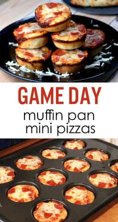 there are mini pizzas in the muffin pan and on the table next to it