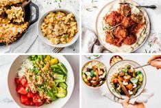 four different pictures of food including rice, vegetables and meat