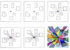 four squares with different shapes and lines on them