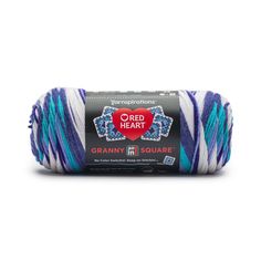 red heart granny's square yarn in blue, white and purple stripes on a white background