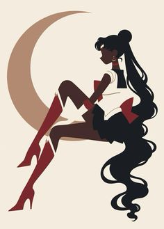 a woman is sitting on the moon with her legs crossed and long hair flowing down