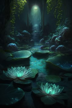 an image of a fantasy scene with lotuses in the water and stairs leading up to it