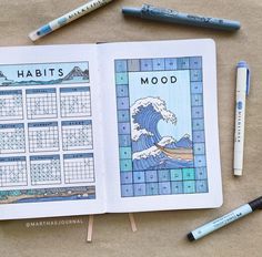 an open planner with the words habitts mood written on it next to markers and pencils