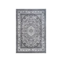 a gray rug with an intricate design on the center and bottom corner, in grey tones