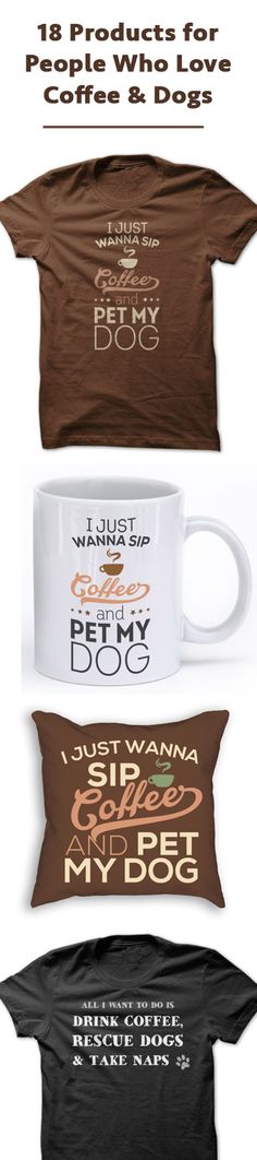 three coffee mugs and two pillows with the words i love my dog on them