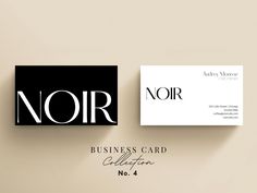 two business cards sitting on top of each other next to the same logo for noir