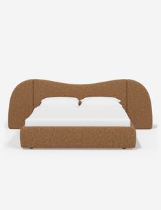 Brown boucle bedframe with an extended headboard and wave detail. Extended Headboard, Platform King Bed, Platform Queen Bed, Headboard Platform Bed, Burled Wood Furniture, Disc Interiors, Bright Living Room