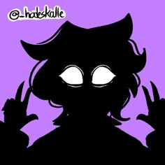 a black cat with big eyes and horns on it's head is standing in front of a purple background