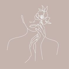 a line drawing of a woman holding a flower in front of her face with one hand