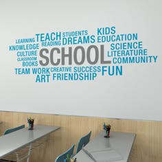 there is a wall with words written in different languages on it, along with chairs and desks