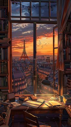 a painting of the eiffel tower seen from an open window at sunset in paris