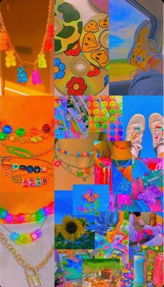 a collage of pictures with different colors and designs on them, including shoes, bracelets, necklaces and flowers