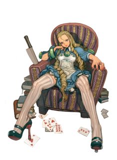 a drawing of a woman sitting in a chair surrounded by playing cards and poker chips