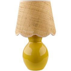 a yellow table lamp with a burlap shade on the top and bottom part