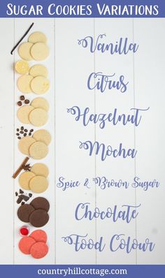 the ingredients to make sugar cookies for valentine's day are displayed on a white background