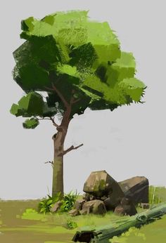 a painting of a tree and rocks in the grass