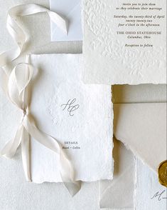 Gold Wedding Invitations | Lupine Letters | Gold foil wedding invitations featuring handmade paper and silk ribbon. Add a special touch to any custom wedding invitation with a custom monogram.  Modern calligraphy adds a romantic touch of to these gold foil wedding invitations on handmade paper. #elegantweddinginvitations #fineartwedding Artistic Wedding Invitations, Invitation Ribbon, Wedding Stationary Design, Bespoke Invitations, Gold Foil Wedding Invitations, Gold Foil Wedding, Foil Wedding Invitations, Handmade Wedding Invitations, Paper Wedding