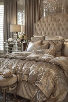 a bedroom with a large bed, chandelier and pillows on the headboard