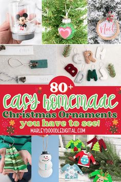 the cover of an easy homemade christmas ornament book with images of ornaments and decorations