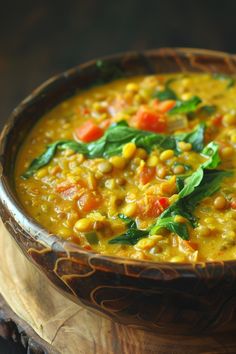 Lentil soup with spinach and diced vegetables in a wooden bowl.