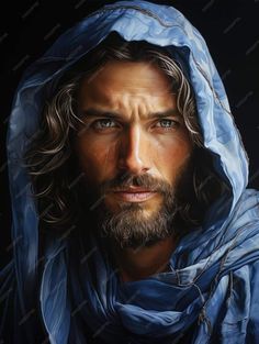 the face of jesus wearing a blue shawl