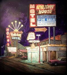 an oil painting of motels at night with neon signs and cars parked on the street