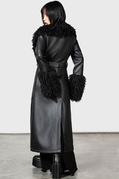 MIDNIGHT SUN.- Non-stretch faux leather.- Super soft faux fur trim.- Tie front.- Button down closure.- Fully lined.- Longline.- Fitted.Model is 5ft 3 and wears a size XS.With KILLSTAR branding, 69% PU, 31% Polyester. Faux Fur Collar Coat, Black Fur Coat, Fur Trim Coat, Fur Clothing, Midnight Sun, Cute Jackets, Belted Coat, Dark Fashion, Faux Fur Jacket