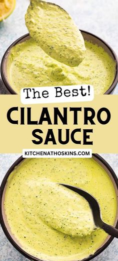 the best cilantro sauce in a bowl with a spoon