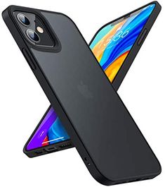 an iphone case that is open to show the back and sides of it, in black