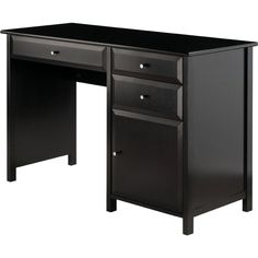 a black desk with three drawers and two doors on the bottom shelf is shown in front of a white background