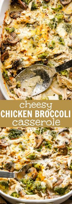 chicken broccoli casserole in a white dish with a serving spoon