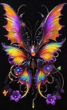 a colorful butterfly sculpture sitting on top of a black surface with purple flowers and butterflies around it