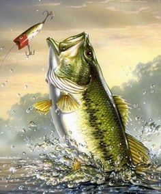 a painting of a fish jumping out of the water with a kite in it's mouth