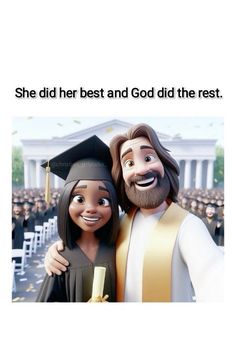 an image of a man and woman in graduation gowns with the caption she did her best and god did the rest