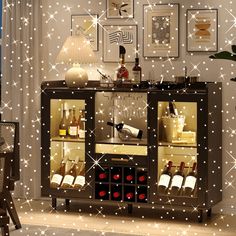 a lighted bar with bottles and glasses on it in front of a christmas themed wall