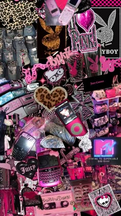 a collage of pink and black items with hearts, zebra print, leopard print, cheetah