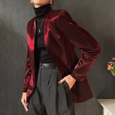 All Over Black Suit Design, Black And Red Prom Outfits, Trans Prom Outfit, Black And Red Formal Outfit, Dark Red Academia Outfit, Nonbinary Formal Outfits, Feminine In A Masculine Way, Dark Formal Outfit, Elagent Aesthetic Outfits