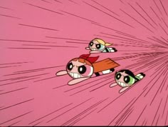 the powerpuff girls are flying through the air with their heads in the air